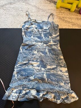 Blue and White Print Spaghetti Strap Ruffle Dress